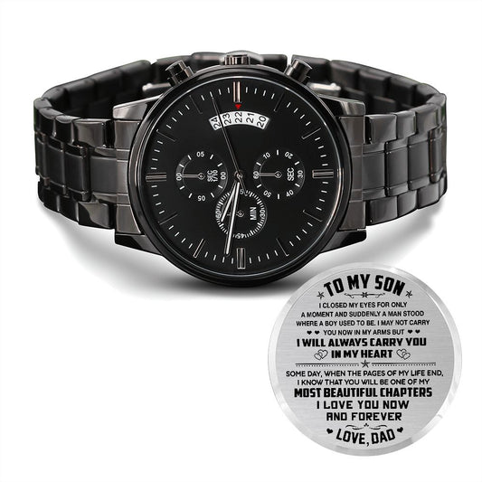 To My Son From Dad-Engraved Design Black Chronograph Watch