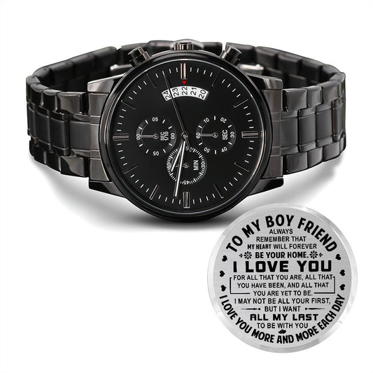 To My Boyfriend-Engraved Design Black Chronograph Watch