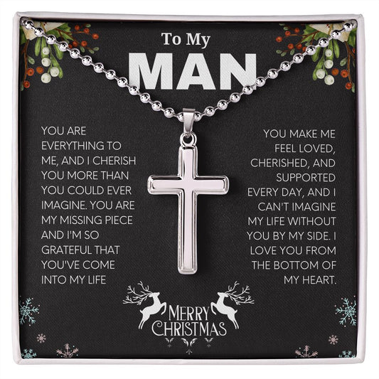 To My Man Christmas Card - Artisan-Crafted Stainless Cross Necklace with Ball Chain