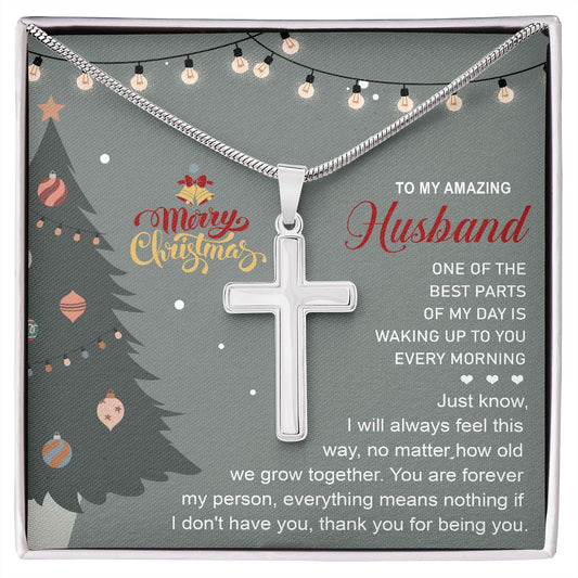 To My Amazing Husband Christmas Card - Artisan-Crafted Stainless Steel Cross Necklace