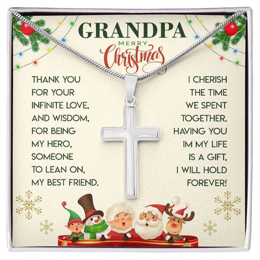 -To Grandpa Christmas Card- Artisan-Crafted Stainless Steel Cross Necklace